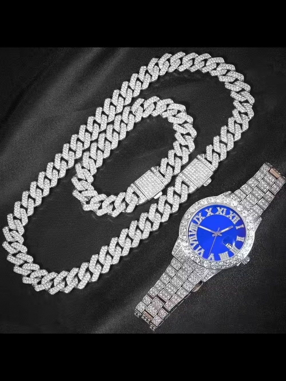 Men's Silver Cuban Link Necklace, Bracelet and Blue Dial Watch Set